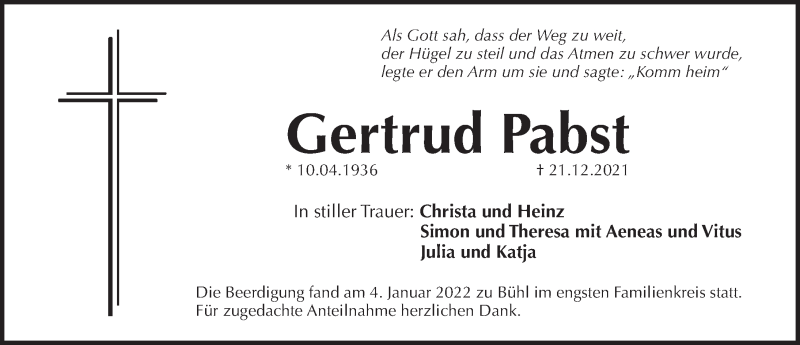  Traueranzeige für Gertrud Pabst vom 08.01.2022 aus Pegnitz-Zeitung