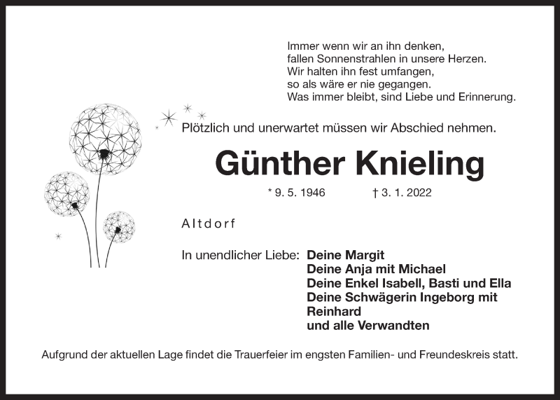  Traueranzeige für Günther Knieling vom 26.01.2022 aus Der Bote