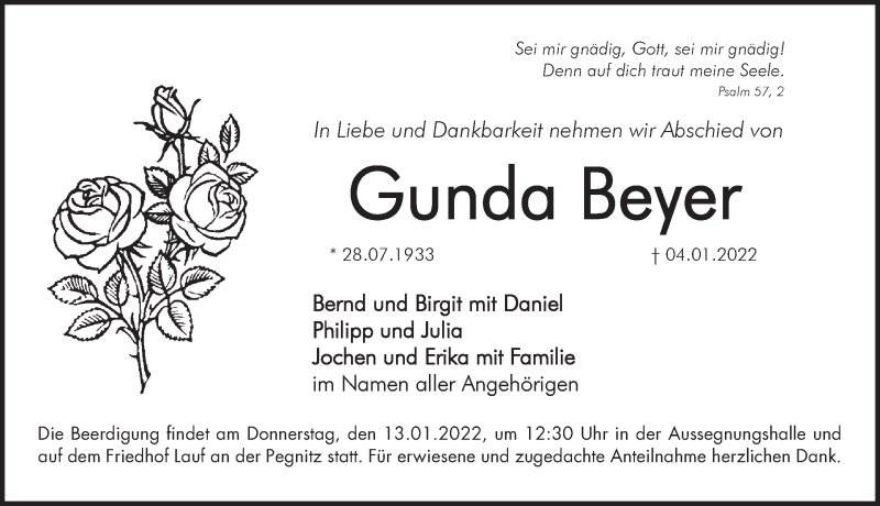  Traueranzeige für Gunda Beyer vom 08.01.2022 aus Pegnitz-Zeitung