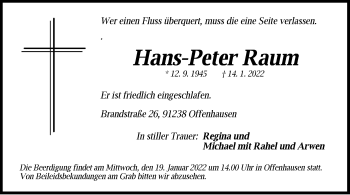 Traueranzeige von Hans-Peter Raum von Hersbrucker Zeitung