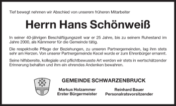 Traueranzeige von Hans Schönweiß von Der Bote