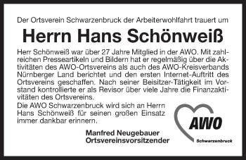 Traueranzeige von Hans Schönweiß von Der Bote