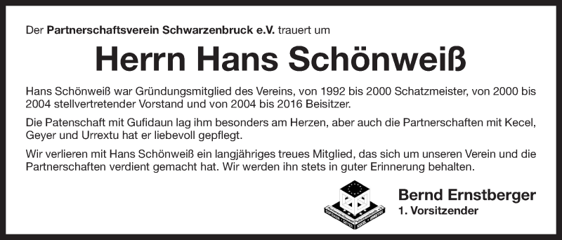  Traueranzeige für Hans Schönweiß vom 12.01.2022 aus Der Bote