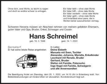 Traueranzeige von Hans Schreimel von Hersbrucker Zeitung