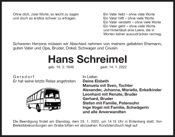 Traueranzeige von Hans Schreimel von Der Bote