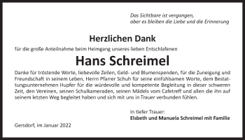 Traueranzeige von Hans Schreimel von Der Bote
