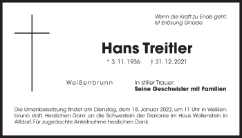 Traueranzeige von Hans Treitler von Der Bote