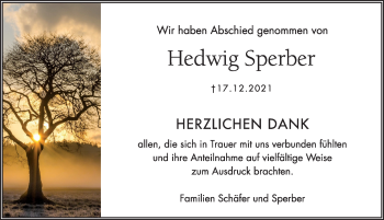 Traueranzeige von Hedwig Sperber von Hersbrucker Zeitung