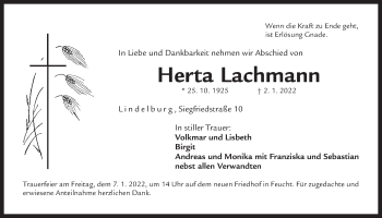 Traueranzeige von Herta Lachmann von Der Bote