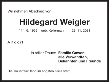 Traueranzeige von Hildegard Weigler von Der Bote