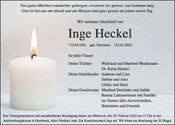 Traueranzeige von Inge Heckel von Hersbrucker Zeitung