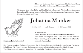 Traueranzeige von Johanna Munker von Pegnitz-Zeitung