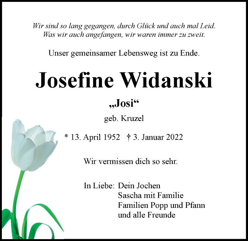  Traueranzeige für Josefine Widanski vom 14.01.2022 aus Der Bote