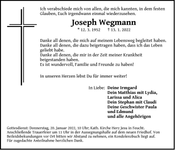 Traueranzeige von Joseph Wegmann von Der Bote