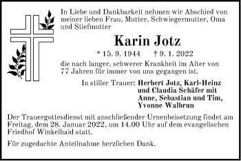 Traueranzeige von Karin Jotz von Der Bote