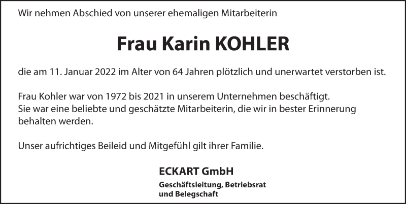  Traueranzeige für Karin Kohler vom 15.01.2022 aus Hersbrucker Zeitung