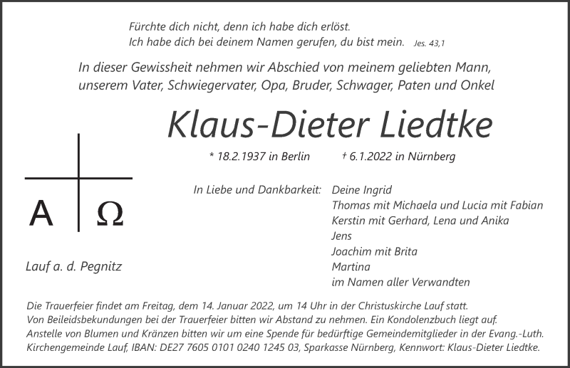  Traueranzeige für Klaus-Dieter Liedtke vom 12.01.2022 aus Pegnitz-Zeitung