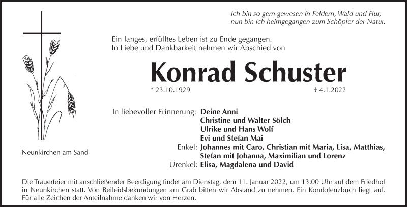  Traueranzeige für Konrad Schuster vom 08.01.2022 aus Pegnitz-Zeitung