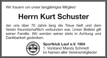 Traueranzeige von Kurt Schuster von Pegnitz-Zeitung