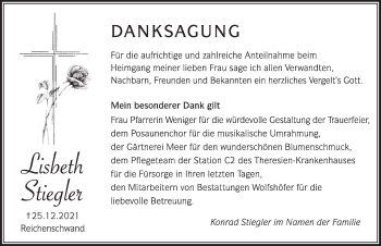 Traueranzeige von Lisbeth Stiegler von Hersbrucker Zeitung