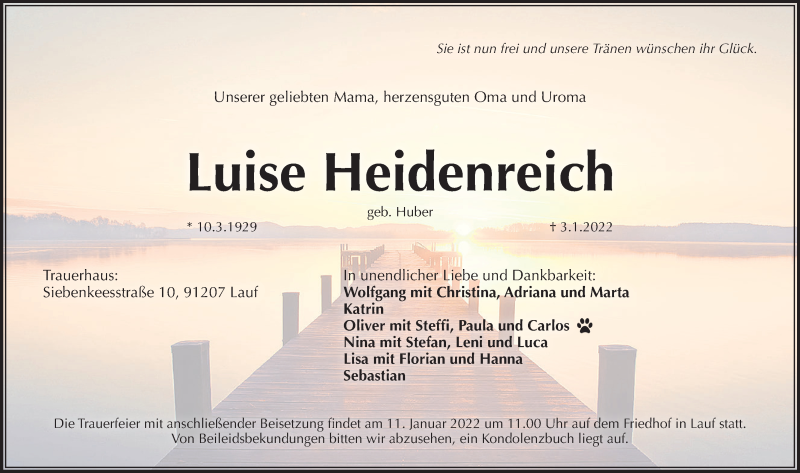  Traueranzeige für Luise Heidenreich vom 08.01.2022 aus Pegnitz-Zeitung