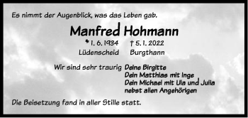 Traueranzeige von Manfred Hohmann von Der Bote
