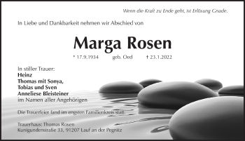 Traueranzeige von Marga Rosen von Pegnitz-Zeitung