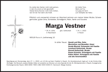 Traueranzeige von Marga Vestner von Der Bote