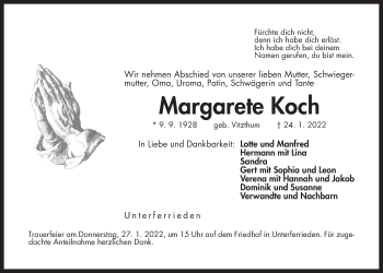Traueranzeige von Margarete Koch von Der Bote