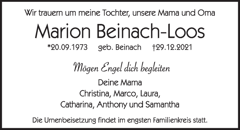  Traueranzeige für Marion Beinach-Loos vom 29.01.2022 aus Pegnitz-Zeitung