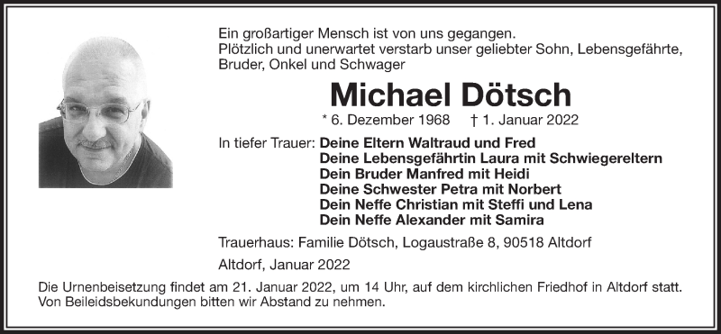  Traueranzeige für Michael Dötsch vom 19.01.2022 aus Der Bote