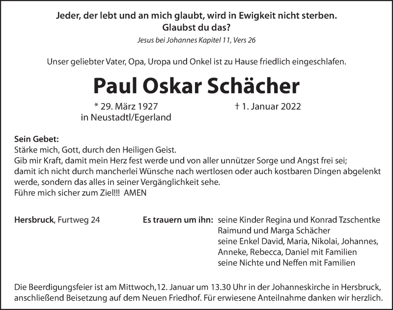  Traueranzeige für Paul Oskar Schächer vom 10.01.2022 aus Hersbrucker Zeitung