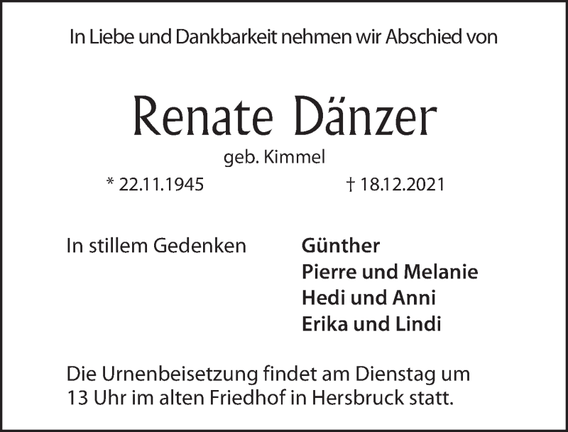 Traueranzeige für Renate Dänzer vom 10.01.2022 aus Hersbrucker Zeitung