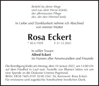 Traueranzeige von Rosa Eckert von Pegnitz-Zeitung