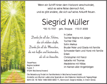 Traueranzeige von Siegrid Müller von Hersbrucker Zeitung