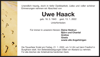 Traueranzeige von Uwe Haack von Der Bote