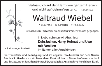 Traueranzeige von Waltraud Wiebel von Hersbrucker Zeitung