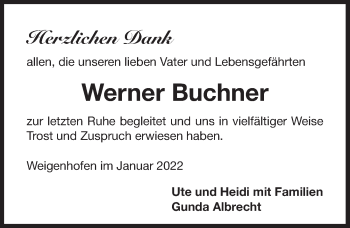 Traueranzeige von Werner Buchner von Pegnitz-Zeitung