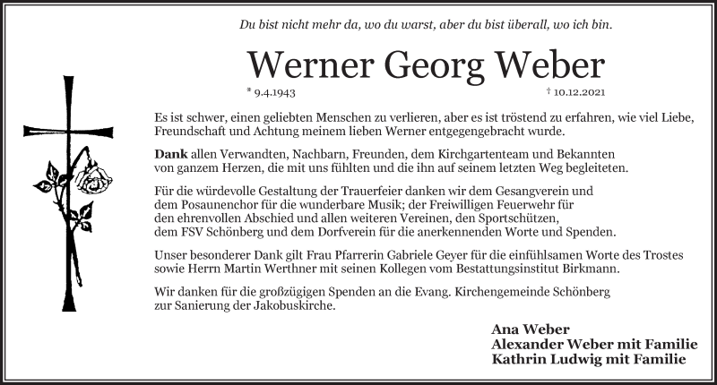  Traueranzeige für Werner Georg Weber vom 08.01.2022 aus Pegnitz-Zeitung