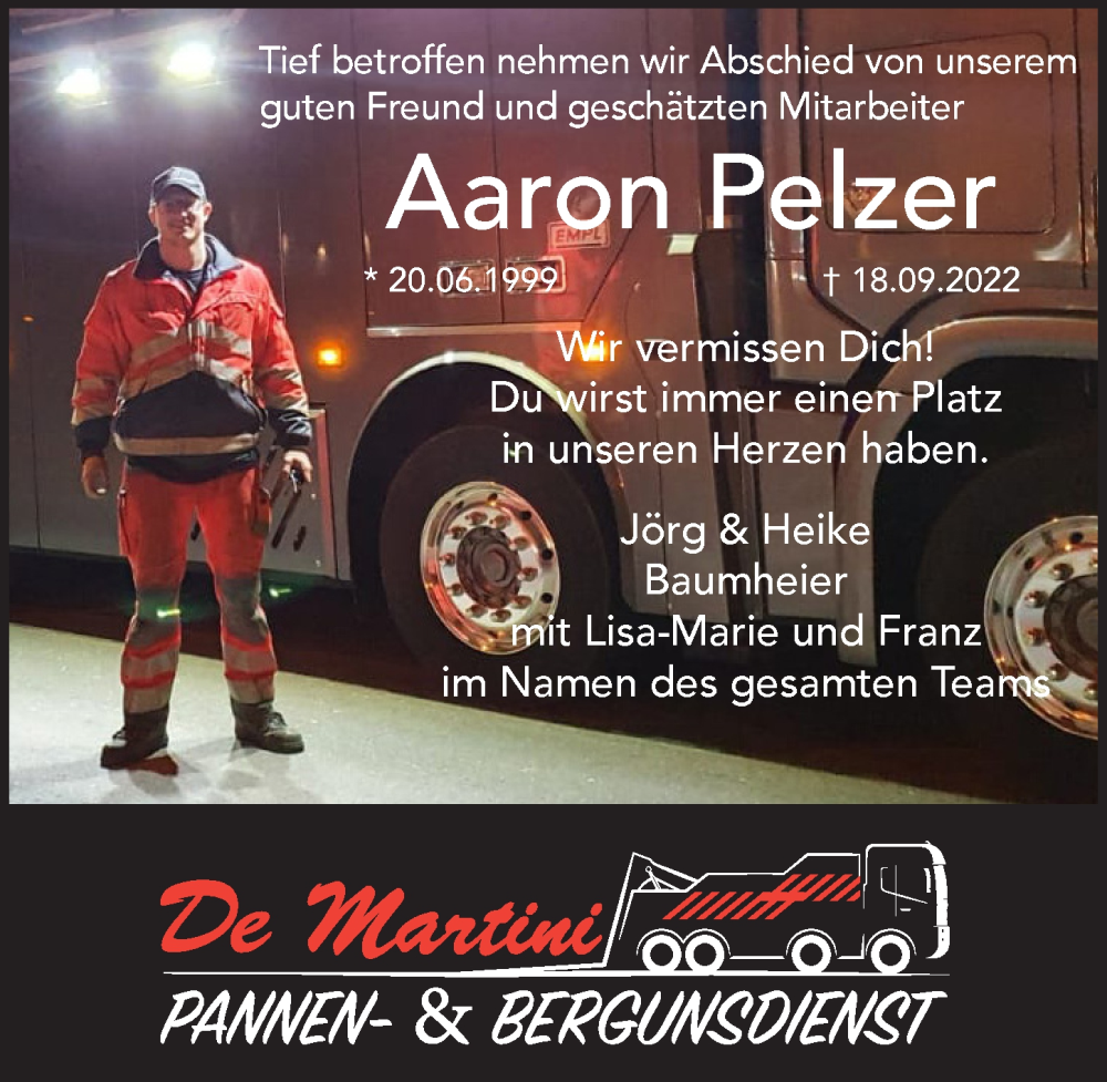  Traueranzeige für Aaron Pelzer vom 01.10.2022 aus Pegnitz-Zeitung