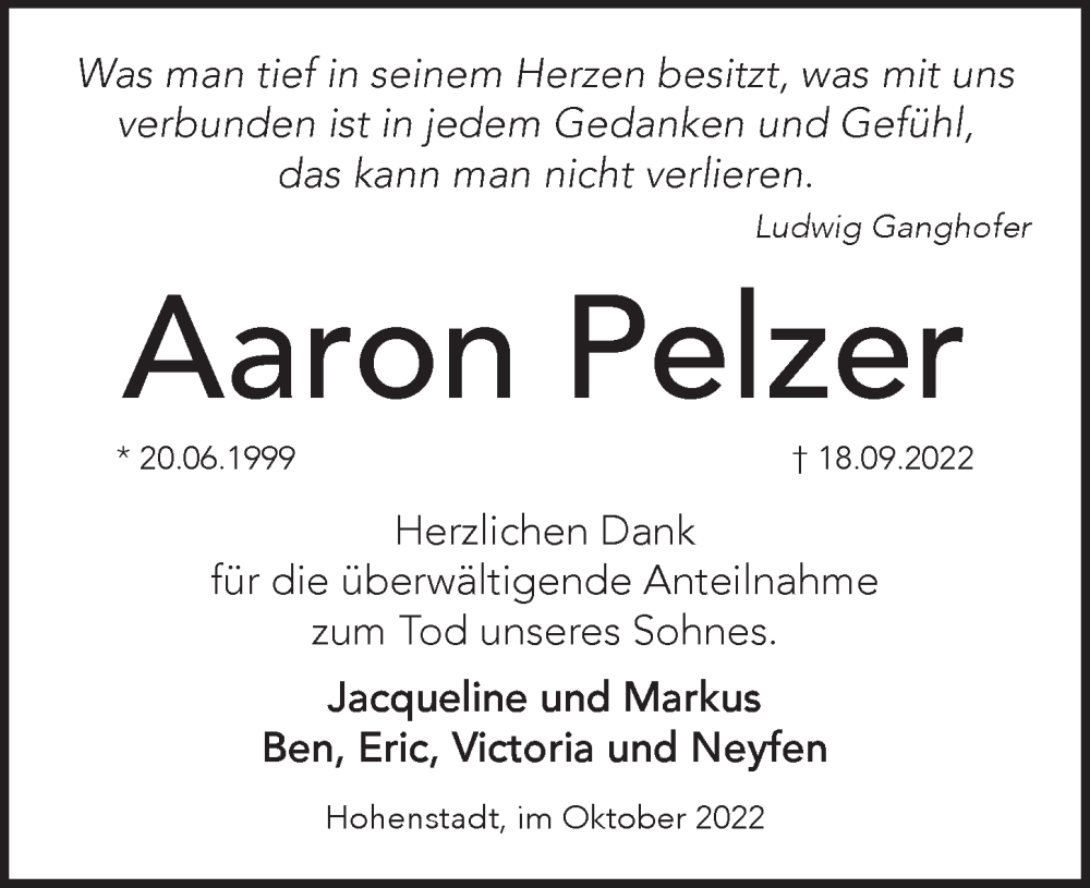 Traueranzeige für Aaron Pelzer vom 15.10.2022 aus Pegnitz-Zeitung
