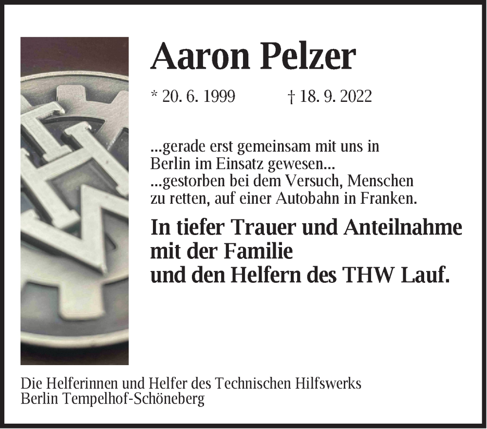  Traueranzeige für Aaron Pelzer vom 08.10.2022 aus Pegnitz-Zeitung