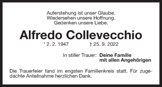 Traueranzeige von Alfredo Collevecchio von Der Bote