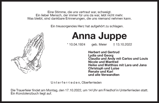 Traueranzeige von Anna Juppe von Der Bote