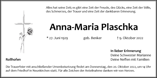 Traueranzeige von Anna-Maria Plaschka von Pegnitz-Zeitung