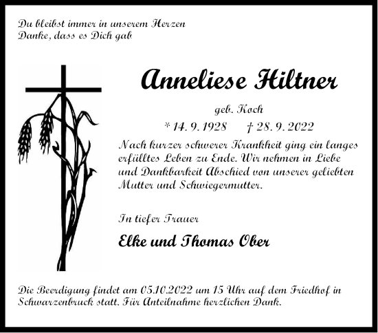 Traueranzeige von Anneliese Hiltner von Der Bote