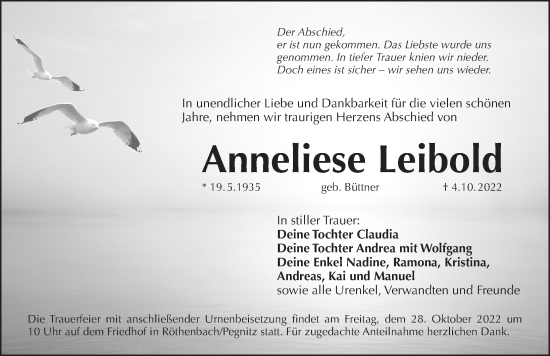 Traueranzeige von Anneliese Leibold von Pegnitz-Zeitung