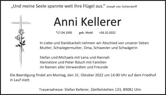 Traueranzeige von Anni Kellerer von Pegnitz-Zeitung