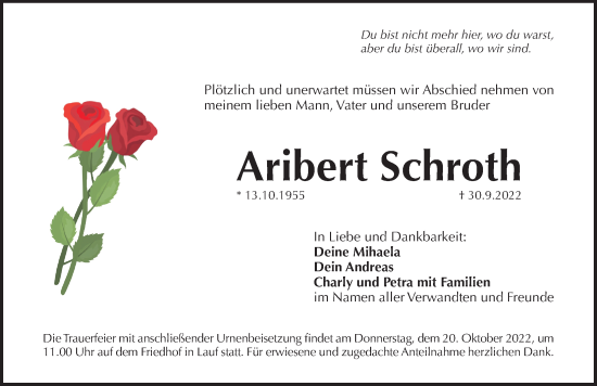Traueranzeige von Aribert Schroth von Pegnitz-Zeitung