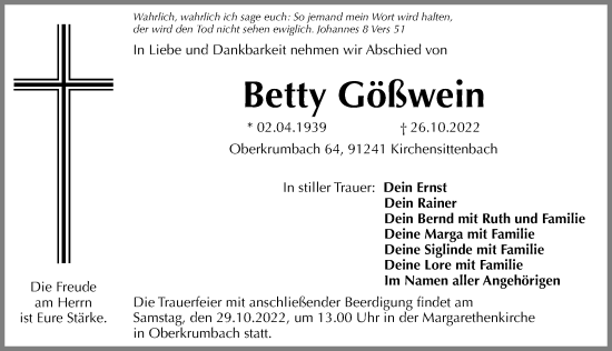 Traueranzeige von Betty Gößwein von Hersbrucker Zeitung Lokal